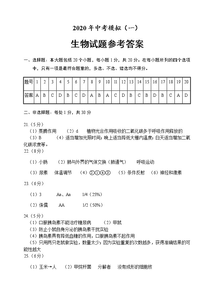 东明模拟一生物参考答案第1页