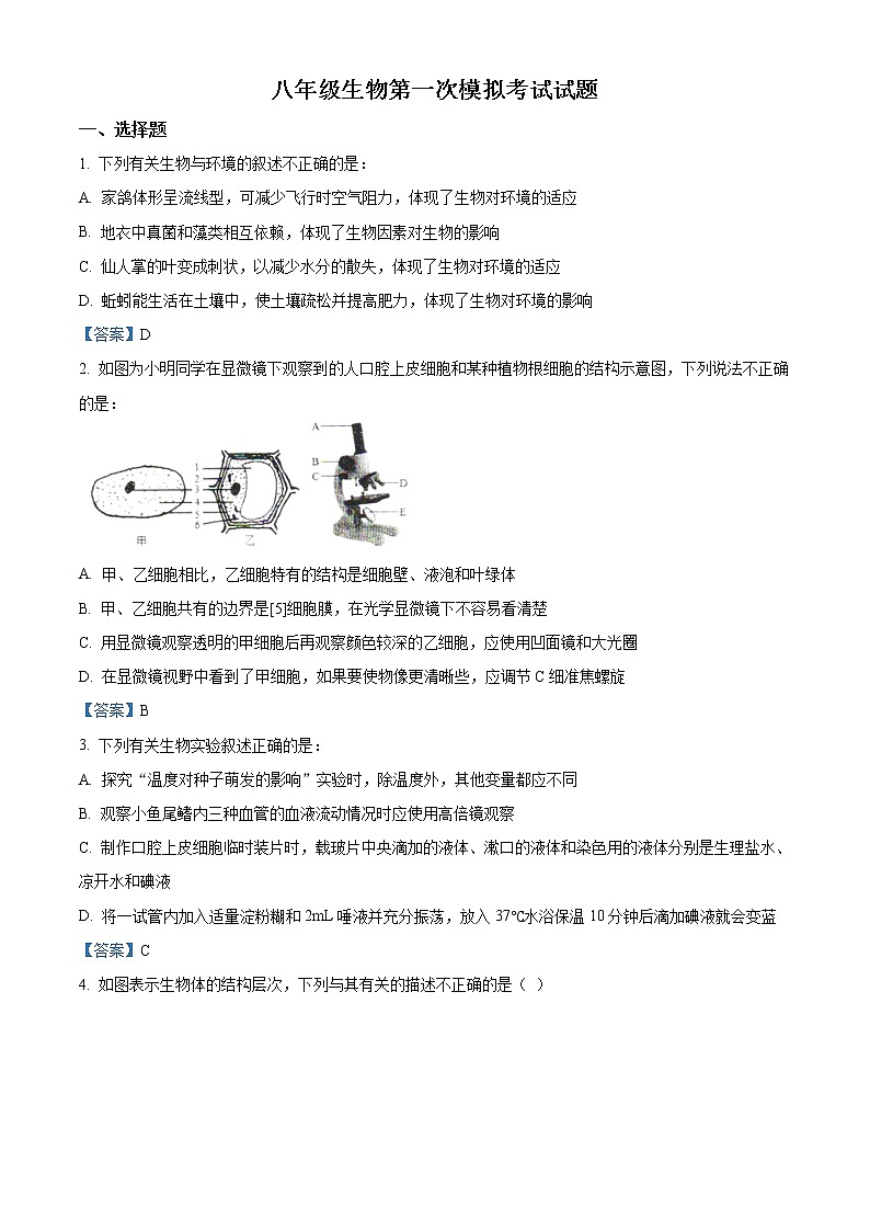 2021年山东省泰安新泰市中考一模考试生物试题及答案第1页