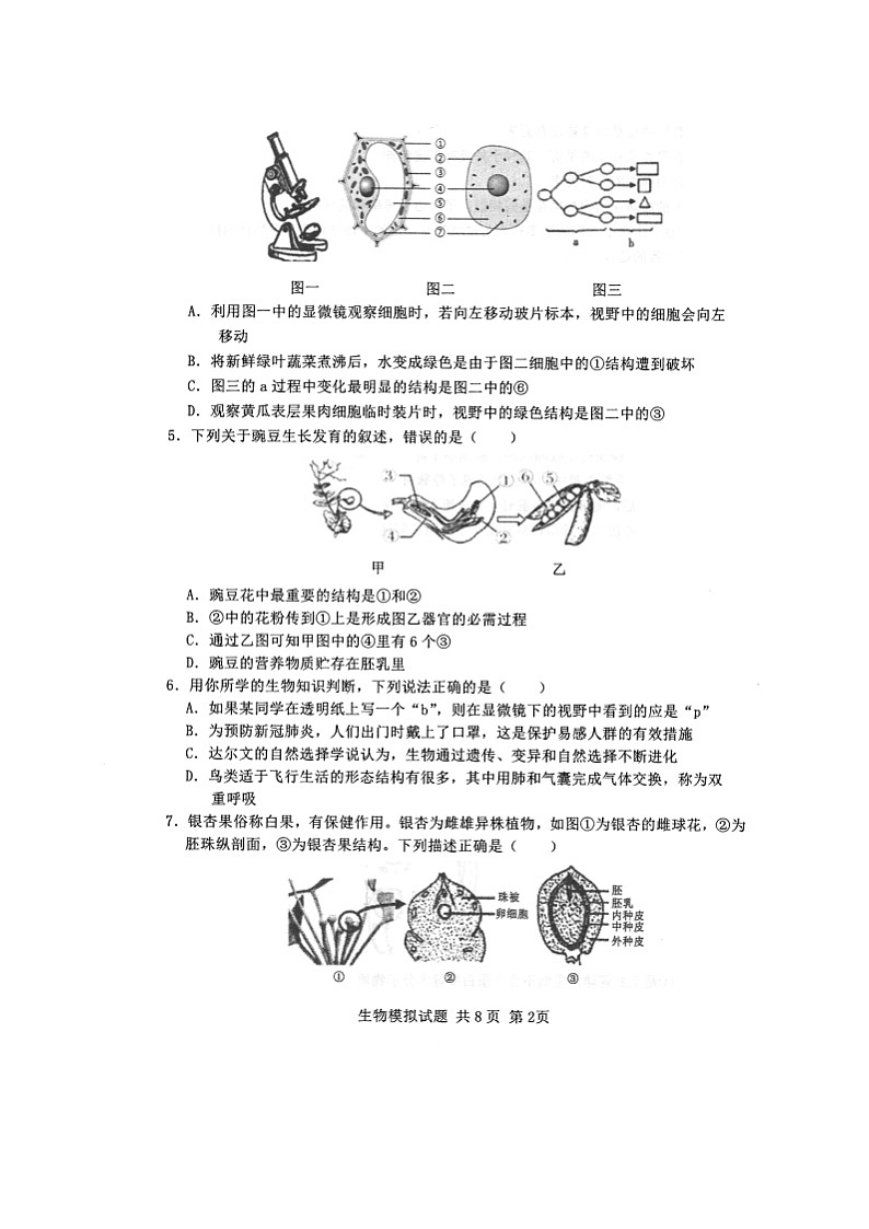 山东省泰安市泰山区2020届九年级中考一模生物试题及答案（扫描版）第2页