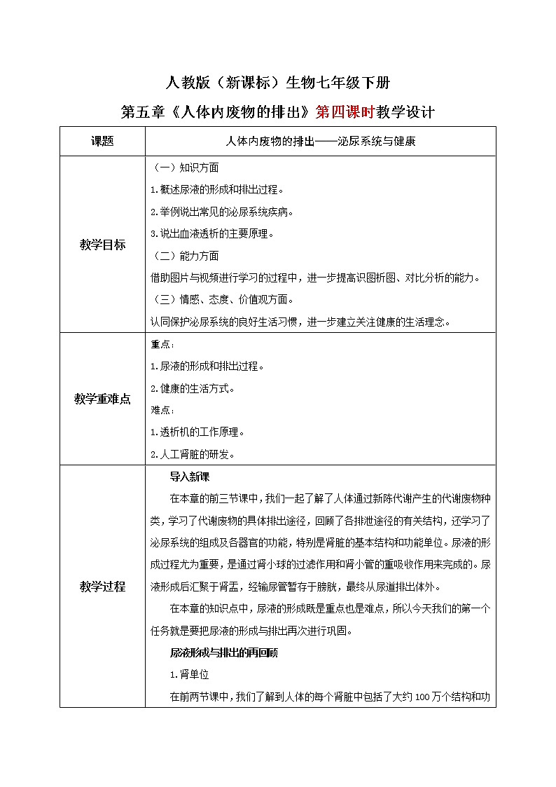 人教版（新课标）生物七下：第五章《人体内废物的排出》（第四课时）--泌尿系统与健康（课件+教案+练习）01