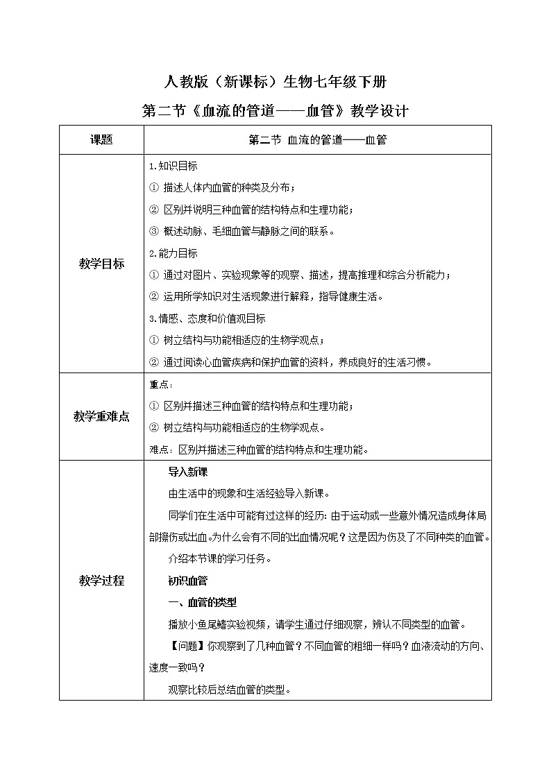 人教版（新课标）生物七下：4.2《血流的管道——血管》（课件+教案+练习）01