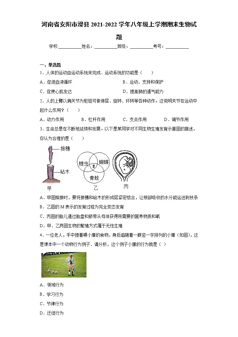 河南省安阳市滑县2021-2022学年八年级上学期期末生物试题（word版 含答案）01