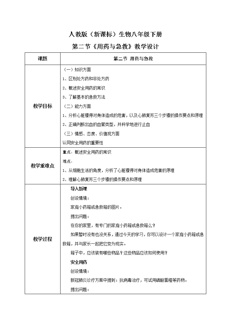人教版（新课标）生物八下：8.2《用药和急救》 课件（送教案+习题）01