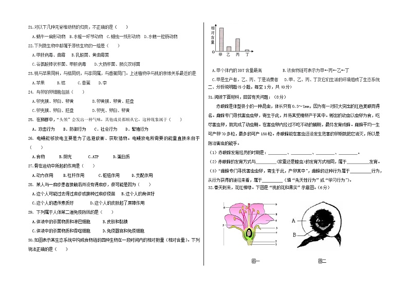 甘肃省金昌市龙门学校2021-2022学年八年级上学期期末考试生物试题（word版 含答案）02