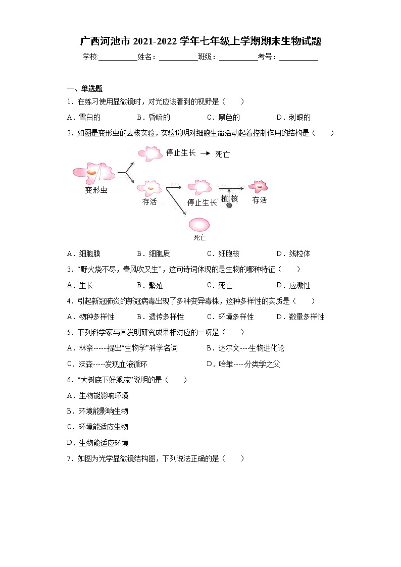 广西河池市2021-2022学年七年级上学期期末生物试题（word版 含答案）第1页