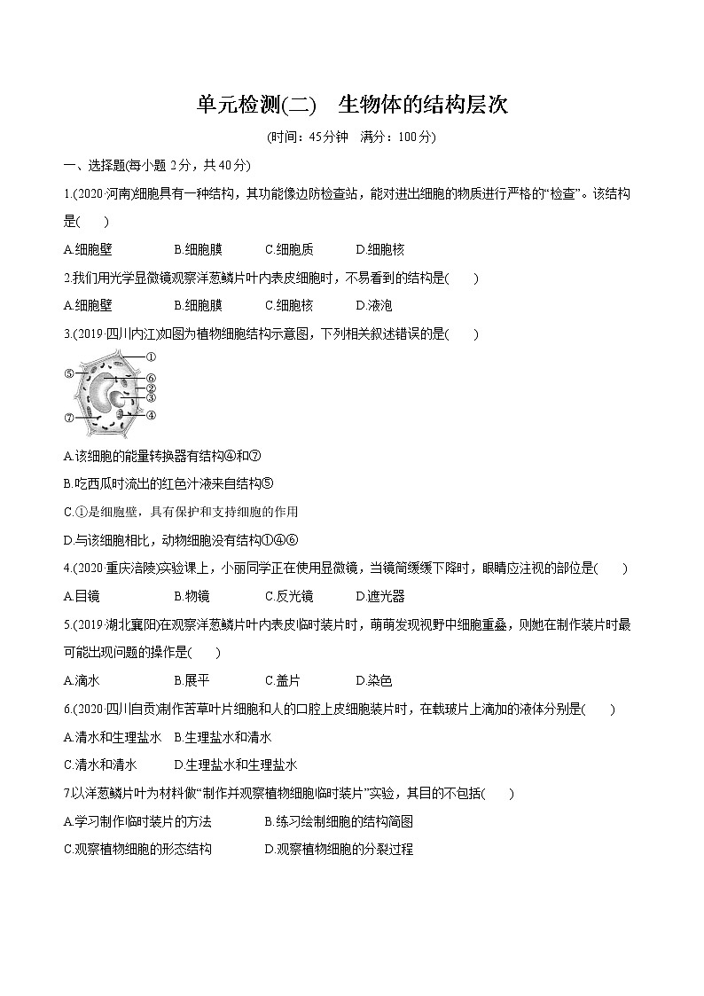 2022届初中生物一轮复习 单元检测(二)　生物体的结构层次第1页