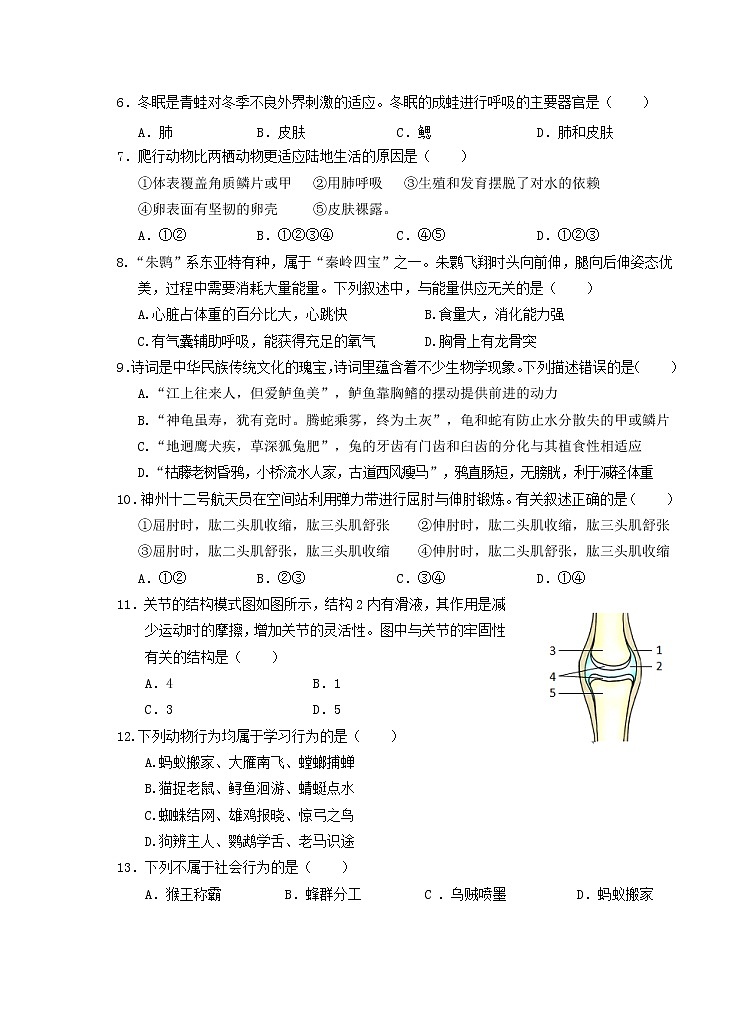 安徽省芜湖市市区2021-2022学年八年级上学期期末教学质量测评生物试题（word版 含答案）02