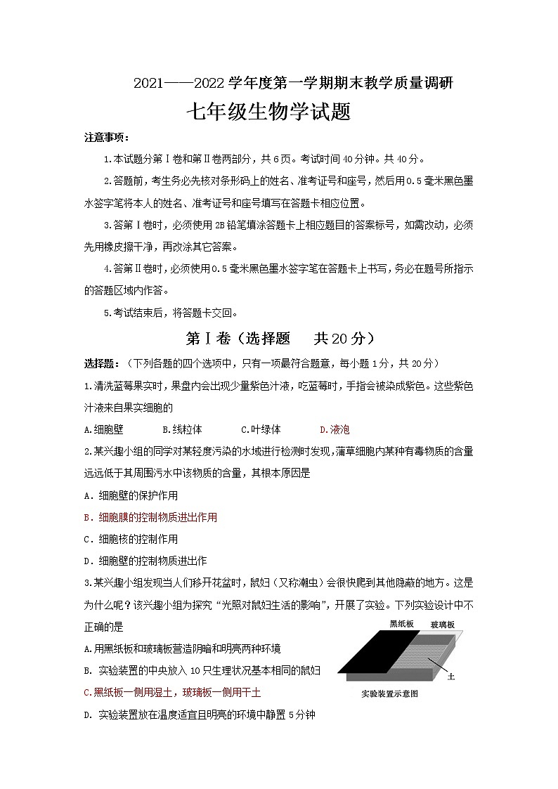 山东省济宁市梁山县2021-2022学年上学期期末教学质量调研七年级生物试题（word版 含答案）01