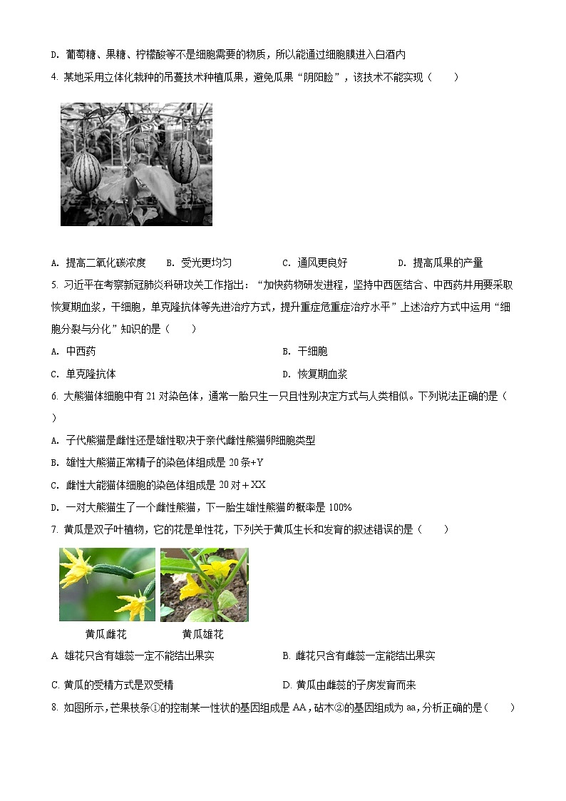 精品解析：2021年内蒙古包头市中考二模生物试题（原卷版）第2页