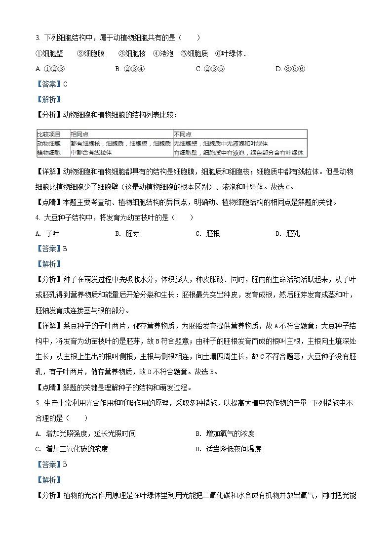 精品解析：江西省南昌县三江中学2020届九年级下学期中考二模生物试题（解析版）第2页