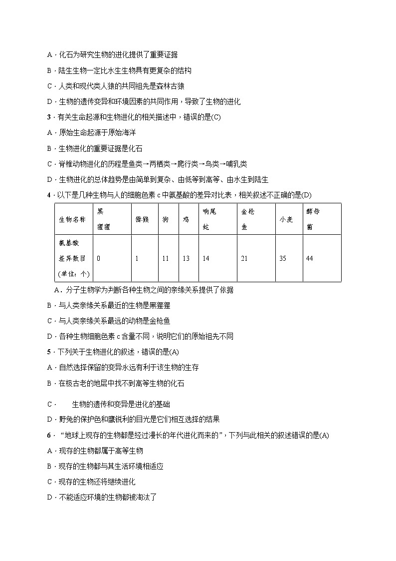 7.3生命起源和生物进化 章末复习 检测（知识点+基础+能力提升）2021-2022学年人教版八年级生物下册学案02