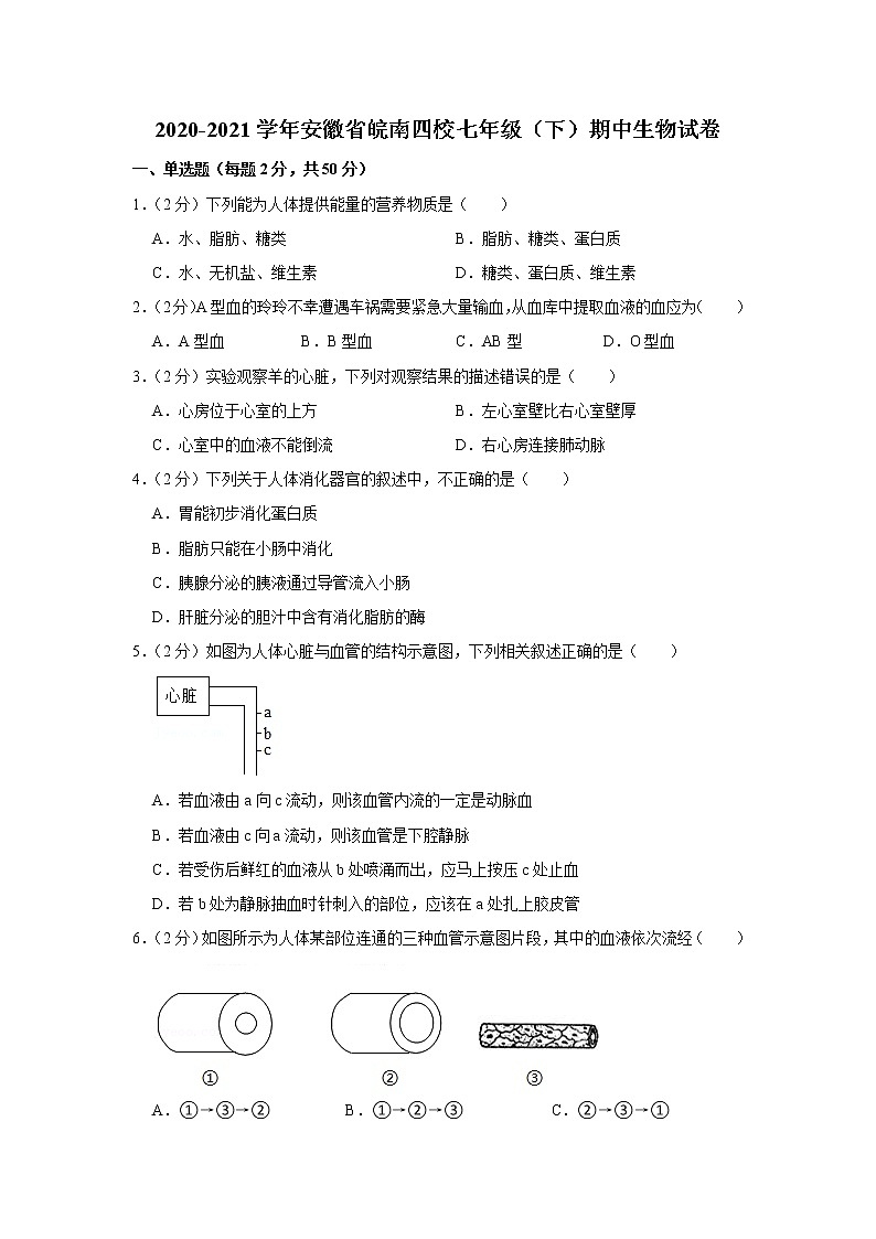 2020-2021学年安徽省皖南四校七年级（下）期中生物试卷（含答案）01