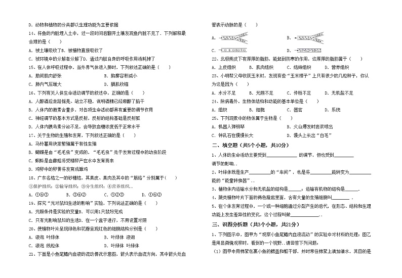 鲁教版七年级生物(上册)期中卷及答案第2页
