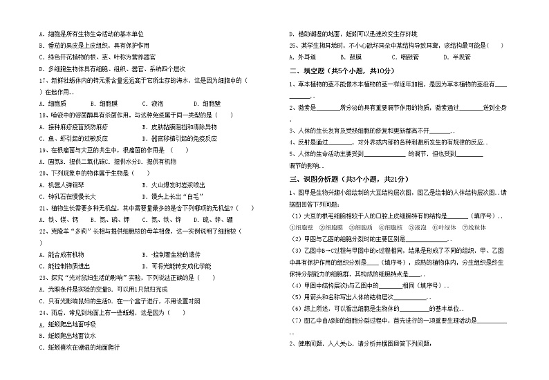 鲁教版七年级生物(上册)期中试卷及答案（最新）02