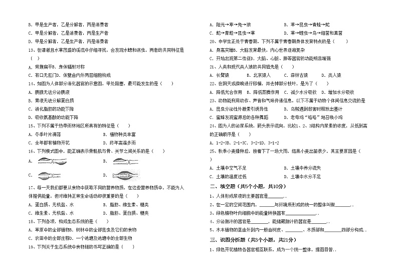 鲁教版七年级生物(上册)期中练习卷及答案第2页