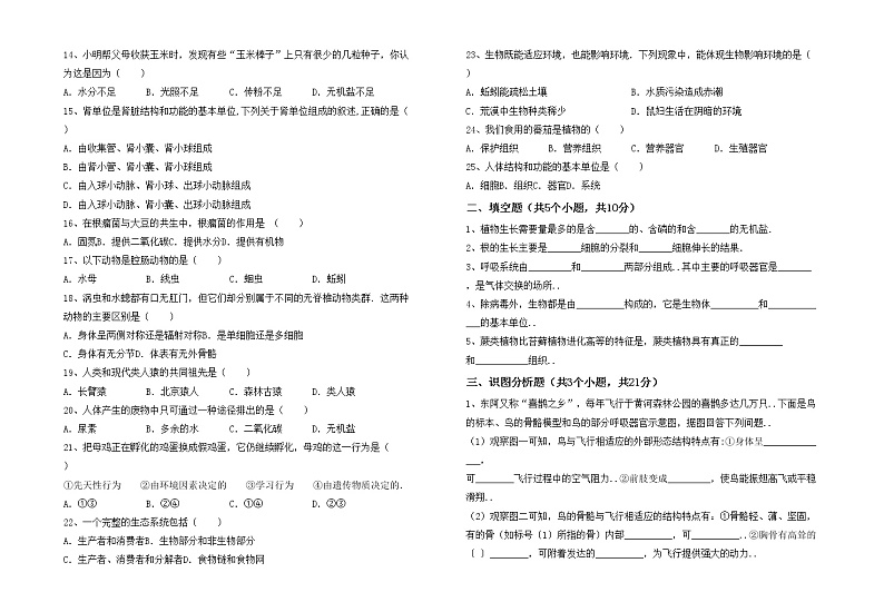 鲁教版七年级生物(上册)期中试卷及参考答案02