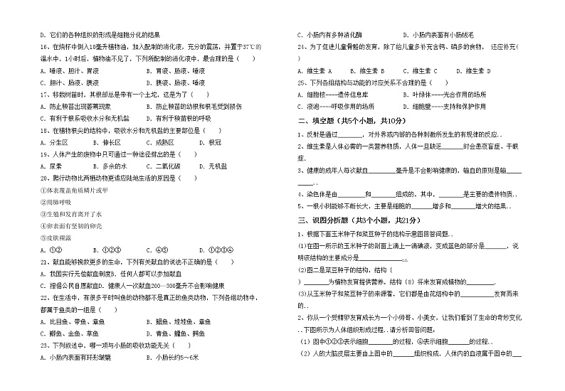 鲁教版七年级生物(上册)期中试卷（附参考答案）02