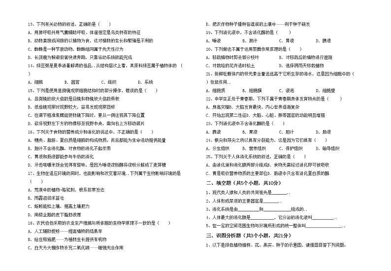 鲁教版七年级生物(上册)期中试卷含参考答案02