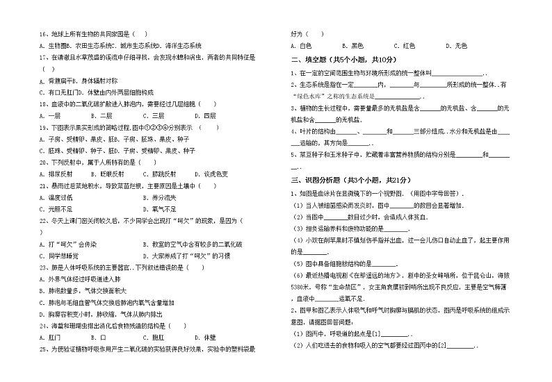 鲁教版七年级生物上册期末考试卷（精品）第2页