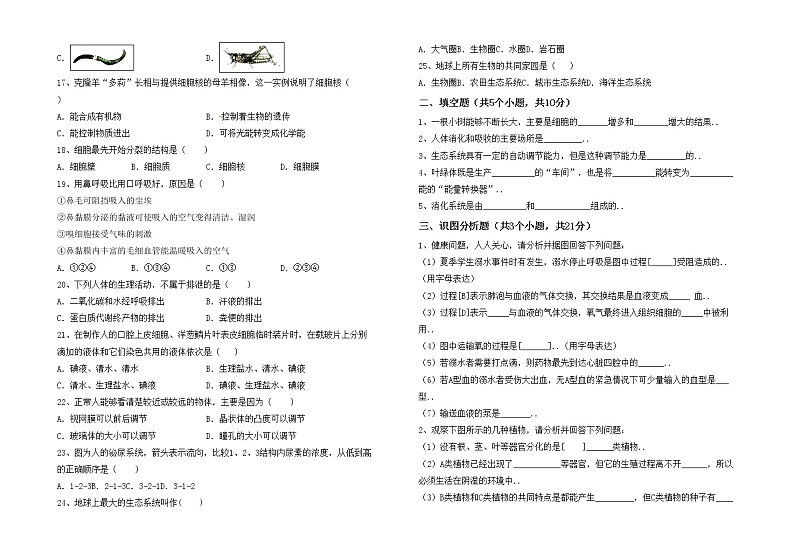 鲁教版七年级生物上册期末考试题（完整版）第2页