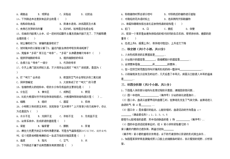 鲁教版七年级生物上册期末试卷（附答案）第2页
