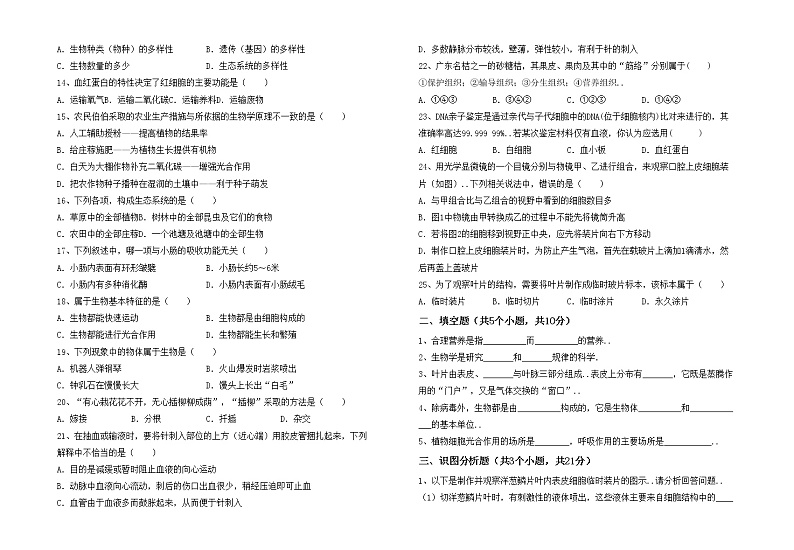 鲁教版七年级生物上册期末试卷【参考答案】第2页