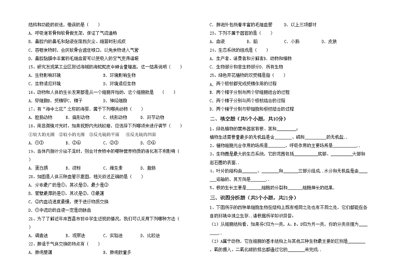 鲁教版七年级生物上册期末试卷（含答案）第2页