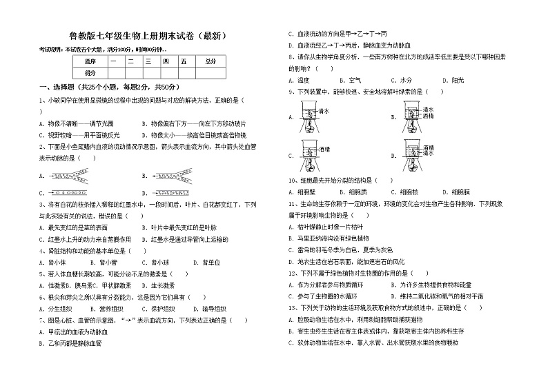鲁教版七年级生物上册期末试卷（最新）第1页