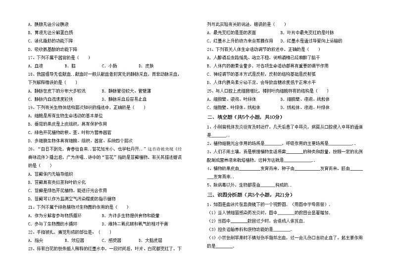 鲁教版七年级生物上册期末试卷【加答案】第2页