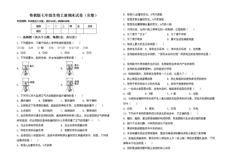 鲁教版七年级生物上册期末试卷（完整）第1页