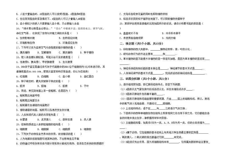 鲁教版七年级生物上册期中测试卷及答案【免费】02