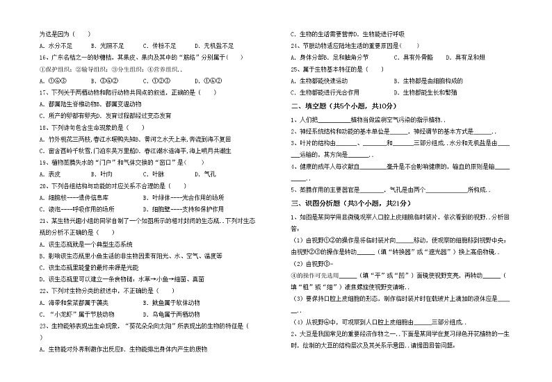 鲁教版七年级生物上册期中测试卷及答案【一套】第2页
