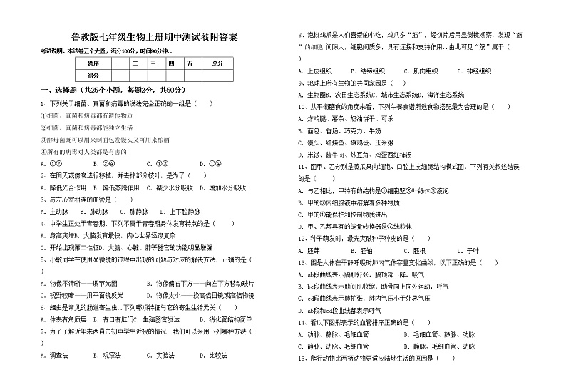 鲁教版七年级生物上册期中测试卷附答案01