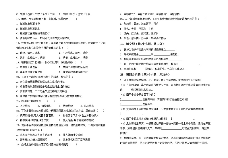 鲁教版七年级生物上册期中考试及答案【通用】练习题02