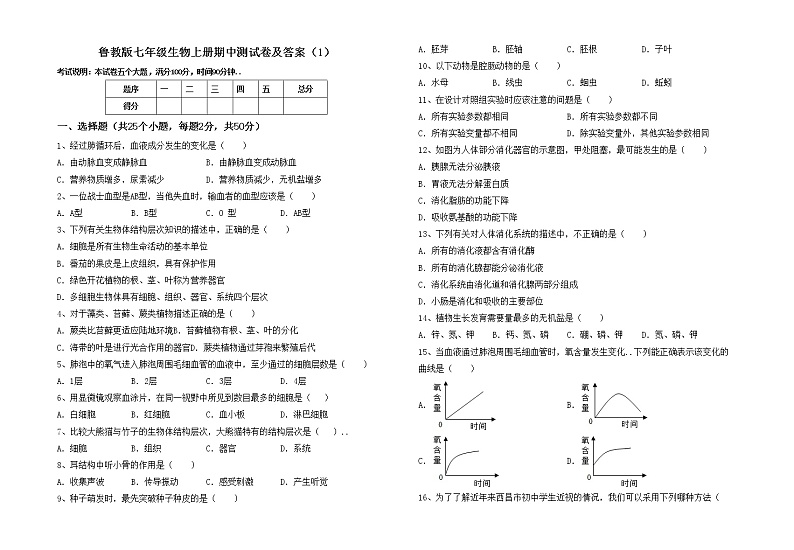 鲁教版七年级生物上册期中测试卷及答案（1）第1页