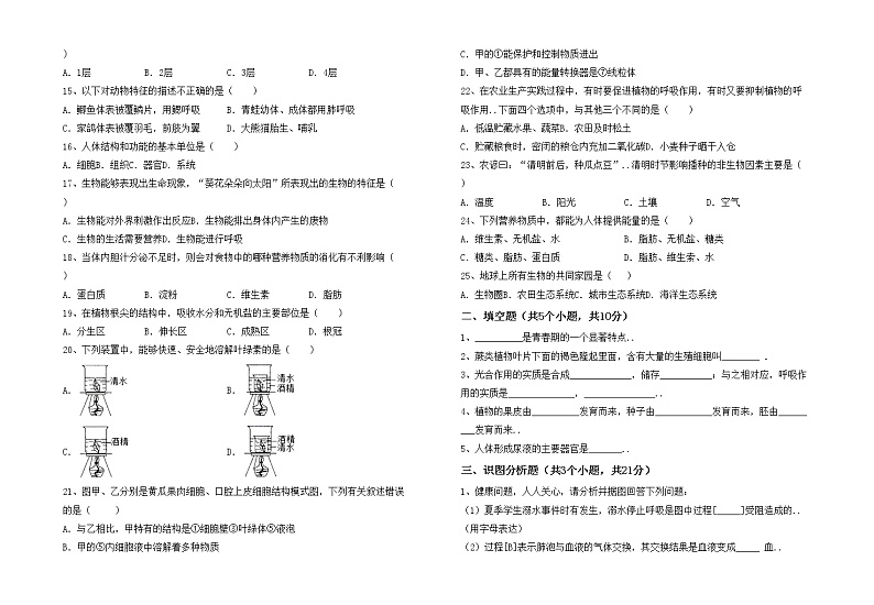 鲁教版七年级生物上册期中考试（通用）练习题02