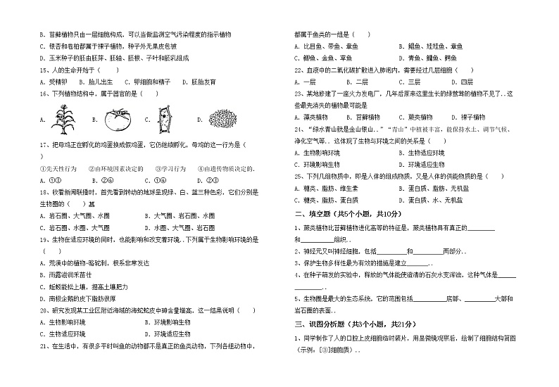 鲁教版七年级生物上册期中考试附答案练习题02