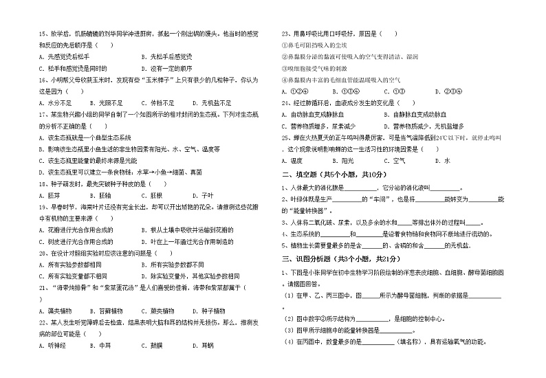鲁教版七年级生物上册期中考试（带答案）练习题02