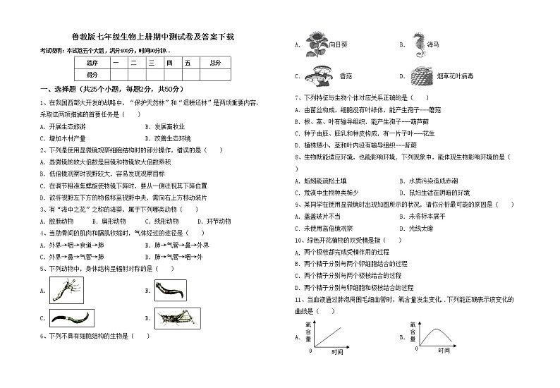 鲁教版七年级生物上册期中测试卷及答案下载第1页