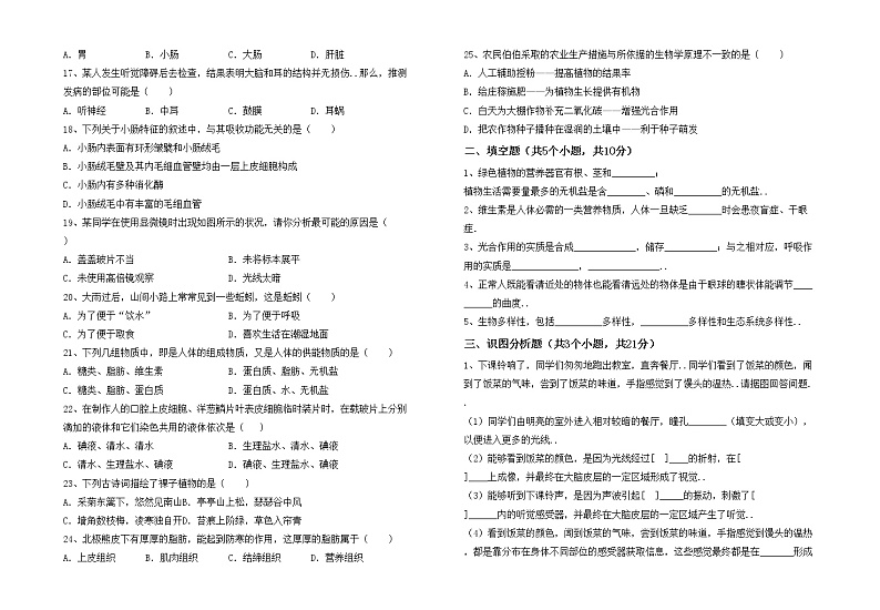 鲁教版七年级生物上册期中考试及答案【各版本】练习题第2页