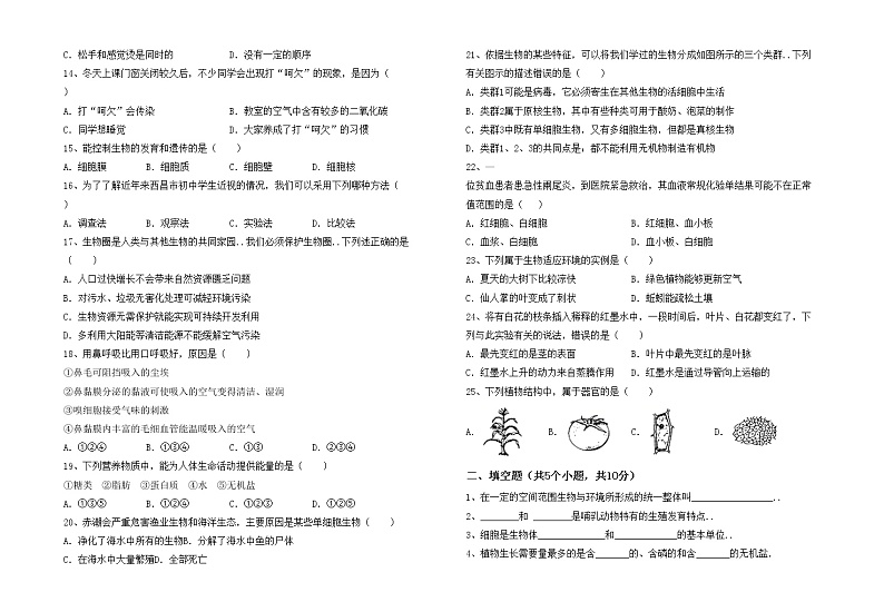 鲁教版七年级生物上册期中考试卷（真题）第2页