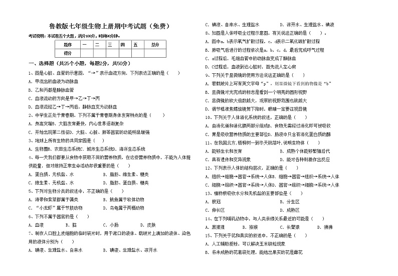 鲁教版七年级生物上册期中考试题（免费）第1页