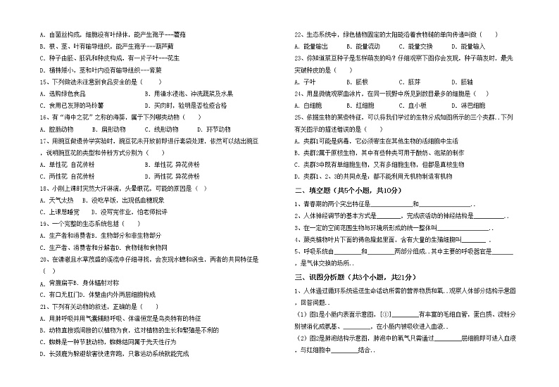 鲁教版七年级生物上册期中考试卷及答案【各版本】第2页