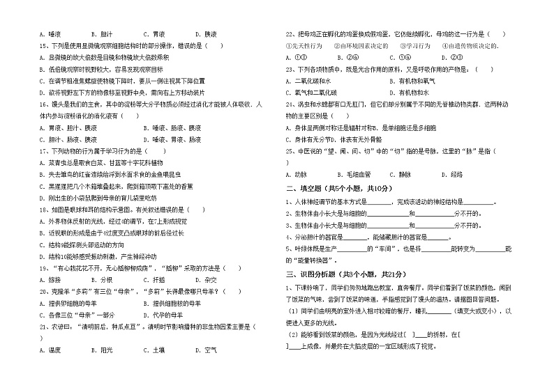 鲁教版七年级生物上册期中考试题（通用）第2页