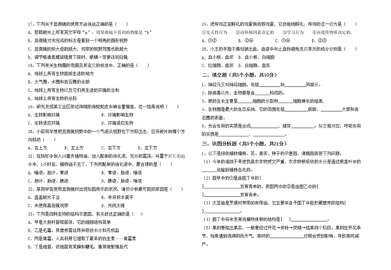 鲁教版七年级生物上册期中考试题（附答案）02