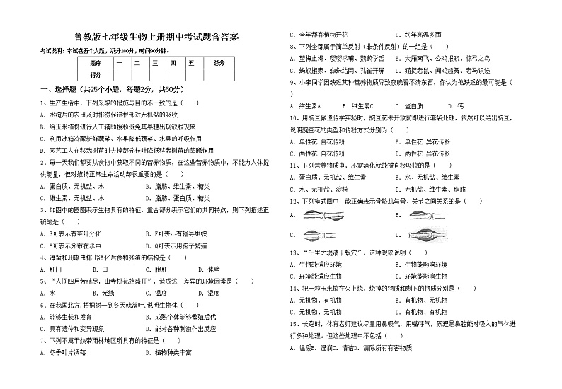 鲁教版七年级生物上册期中考试题含答案01