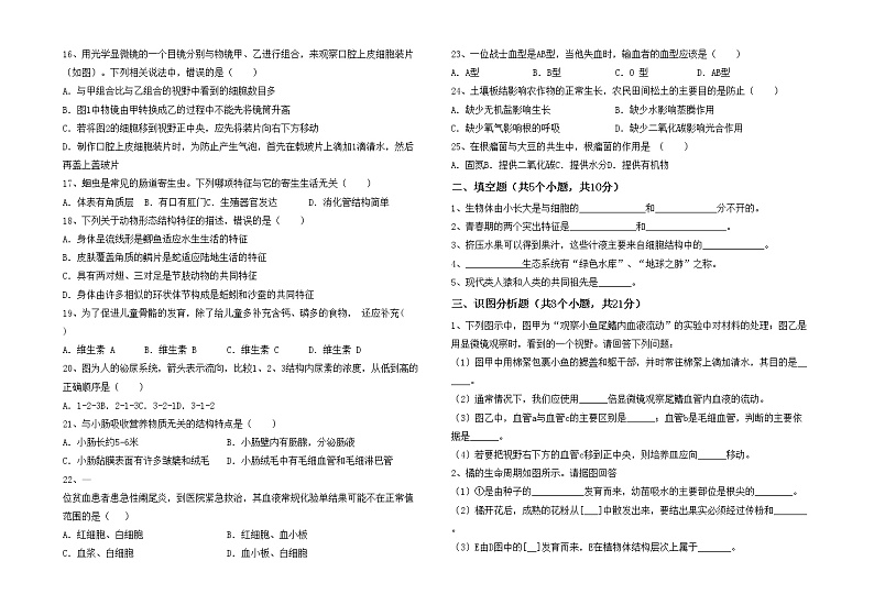 鲁教版七年级生物上册期中考试题含答案02
