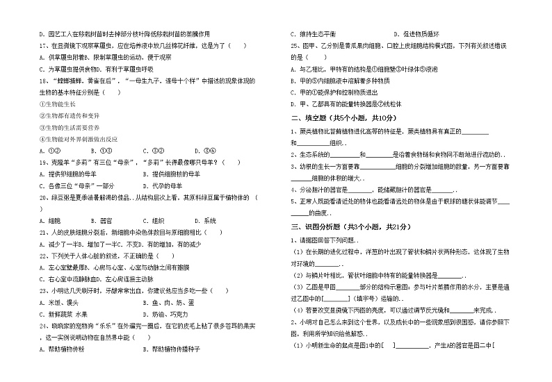 鲁教版七年级生物上册期中试卷（1套）第2页