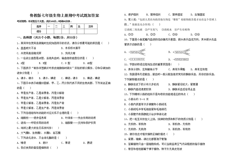 鲁教版七年级生物上册期中考试题加答案01