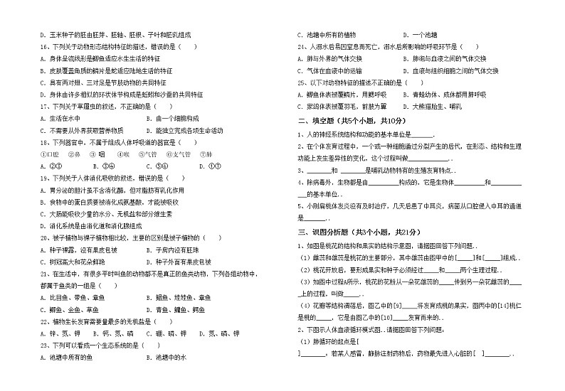 鲁教版七年级生物上册期中考试题加答案02